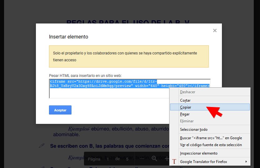 ¿Cómo insertar un PDF en blogger usando Google Drive? - Copiar el código